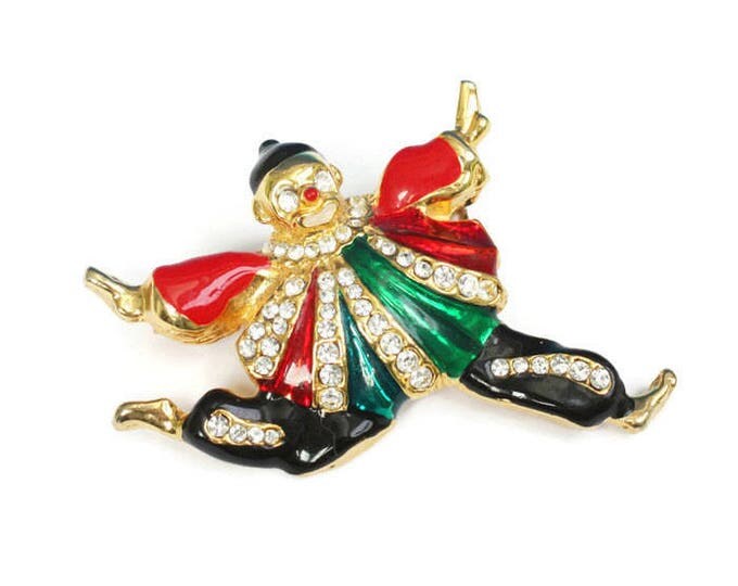 Enameled Circus Clown Brooch Rhinestones Figural Vintage