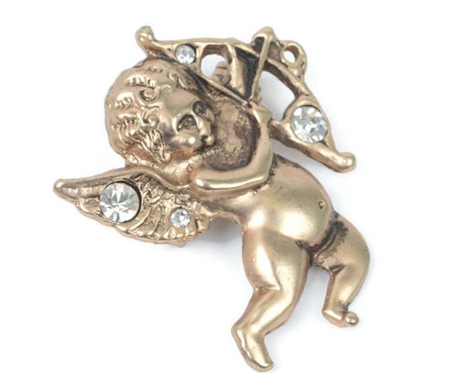 Cupid with Arrow Brooch Rhinestones Gold Tone Antiqued Finish Vintage