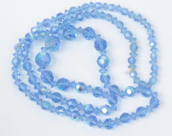 Blue AB Crystal Necklace Faceted Graduated Size Beads 30 Inches Long