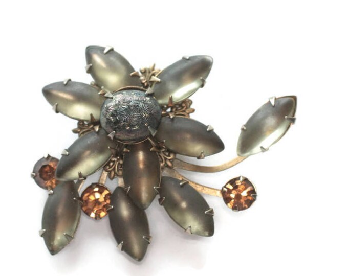 Frosted Gray Marquise Brooch Molded Glass Orange Rhinestones Swirled Design 1950s Vintage