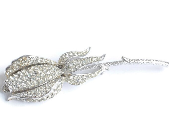 Rhinestone Rosebud Brooch CoroCraft Pave Set Stones Vintage Gift Bride Wedding