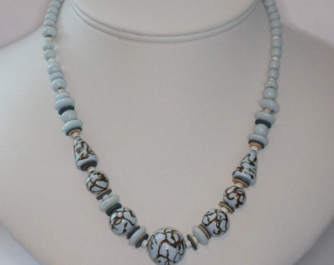 Blue Porcelain Bead Necklace Aventurine Trail Beads Czech Vintage Necklace