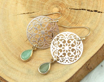 Jade Earrings, Green Jade Earrings, Gold Jade Earrings, Gemstone Earrings, Filigree Earrings, Dangle Earrings, Drop Earrings