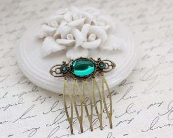 VACATION SALE- Emerald Teal Small Hair Comb in Antique Brass