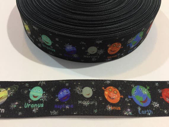 3 Yards of Ribbon 1 inch Wide Planets Saturn Earth Glittery