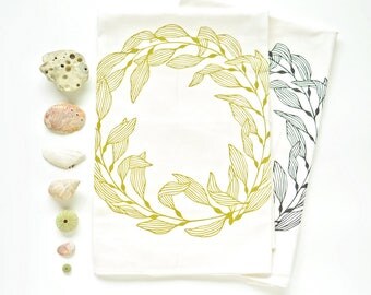 floursack towels, kitchen towels, flour sack towel, tea towels, dish towels, summer design, coastal decor, kelp print, seaweed print