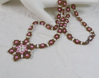 Woven Pendant Necklace Antiqued Copper and Pink Gifts for Her