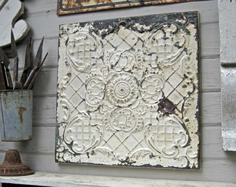 Ceiling Tin Tile, Antique FRAMED 2'x2' Pressed tin tile, Chippy old original paint, Vintage embossed metal wall decor.