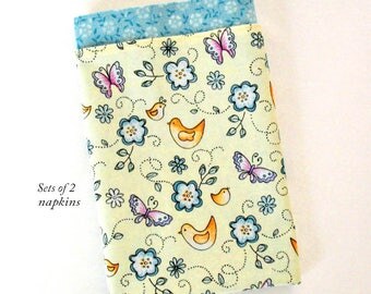 Cloth Dinner Napkins 18 Inch Double Sided Set of 2 Large Fabric Table Napkins Birds Flowers