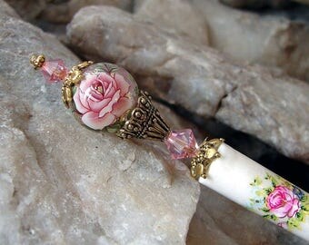 CIJ SALE Pink Rose Floral Japanese Tensha Hair Stick Swarovski Flower Geisha Hair Sticks Hairsticks Kanzashi Hair Pins Hair Chopsticks - Gen