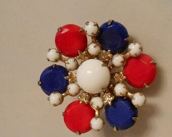 Clearance 60% Off Bursting Patriotism - 1960s Red White & Blue Glass Circular Brooch