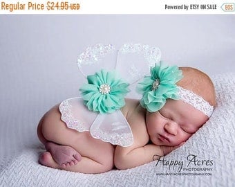 ON SALE NEWBORN Wings, white and mint wings and headband set, Angel Wings, newborn photography prop, baby wings, fairy wings