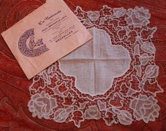 Brussels Exquisite Antique Lace Handkercheif Dainty Needle Lace Trim