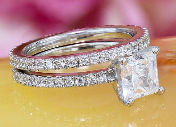 14k white gold princess cut moissanite and diamond engagement ring and band, wedding, anniversary, propose, art deco 2.00ct