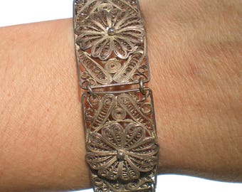 Filigree Flower Bracelet Sterling Silver Rectangular Links Vintage Jewelry