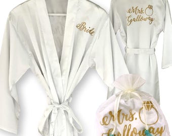 Personalized Satin Bride Kimono Robe Gift Set White and Gold or Silver