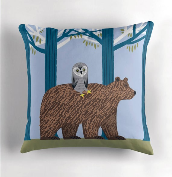The Owl and The Bear - Childrens Throw Pillow / Cushion Cover (16" x 16") by Oliver Lake / iOTA iLLUSTRATION