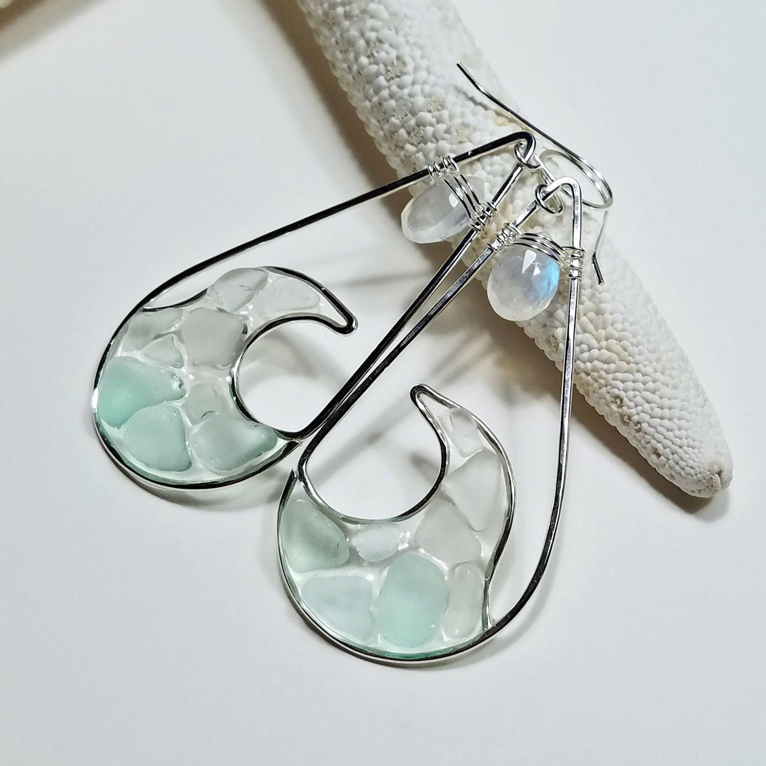 Wave Hoop Earrings Sea Glass Hoops Beach Glass Earrings