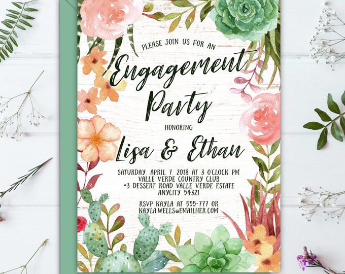Succulents Cactus Boho Floral Engagement Party Printable Invitation