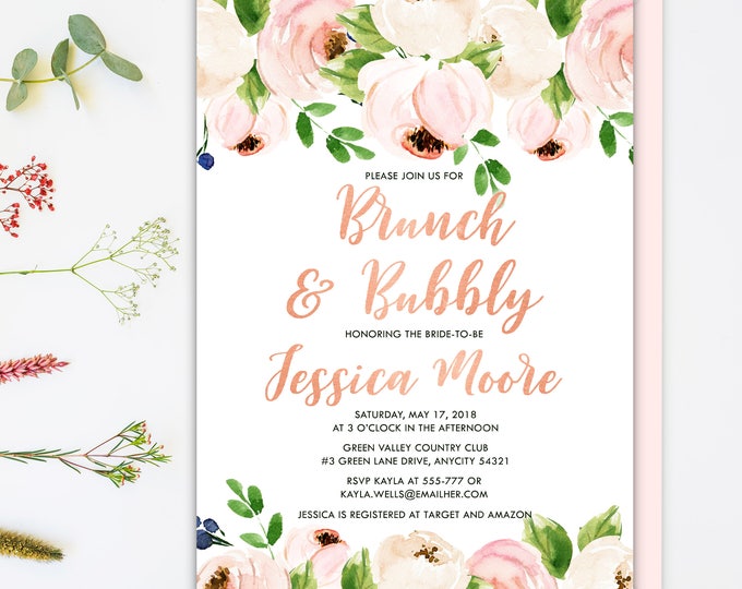 Blush Pink Flowers and Rose gold Bridal Shower Invitation, Brunch and Bubbly Bachelorette Engagement Wedding Printable Invitation