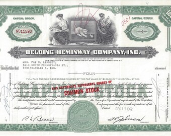 Vintage Belding Heminway Original Capital Stock Certificate (green), 1960's
