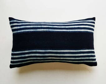 Vintage Mudcloth Lumbar Pillow Cover Indigo Stripes - Modern Bohemian Decor - Nautical Throw Pillow
