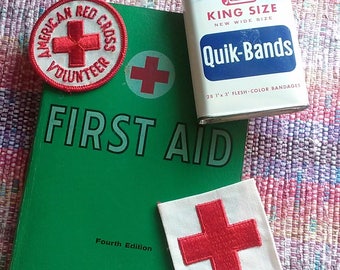 American Red Cross First Aid Book, Two Uniform Patches and Rexall Bandage Tin, Vintage First Aid