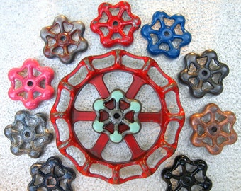 Colorful group of Vintage Valve Handles, Garden decor, Industrial, Steampunk, Assemblage, Collection of 11 Aluminum Garden Faucets