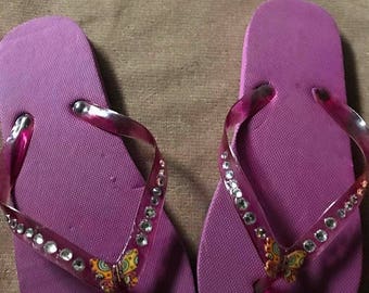 Purple butterfly bling flip flops size 5/6