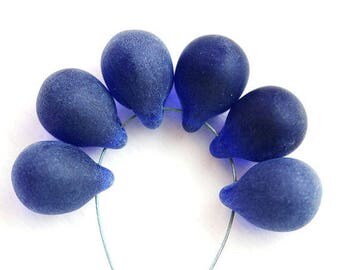 10x14mm Matte Dark Blue glass Teardrop beads, frozen Blue czech glass beads, large Briolettes - 6Pc - 1930