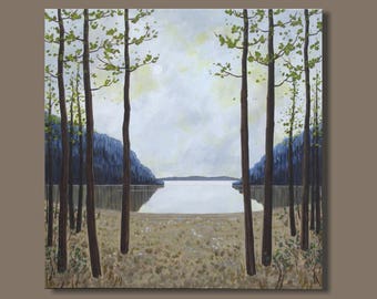 FREE SHIP large painting, semi abstract landscape painting, tree painting, Canadian art, forest painting, blue green, mountain painting