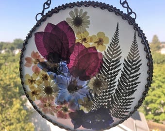 Stained Glass Suncatcher|Pressed Flower Art|Round Flower Suncatcher|OOAK|Art & Collectibles|Glass Art|Suncatchers|Handcrafted|Made in USA
