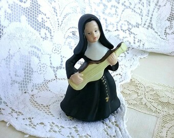 Whimsical Bell Singing Nun holding Guitar Black Traditional Habit Hand Painted with the Sweetest Face #11C
