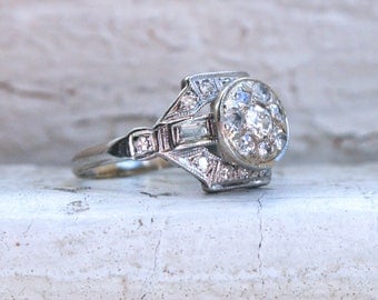 RESERVED - Antique Platinum Diamond Cluster Engagement Ring - 0.45ct.