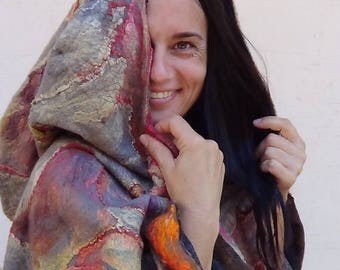 Beige wool robe made in USA, Nuno felted wool cape coat, Eco friendly boho wrap gift, lightweight robe, woool tunic, wet felted vest