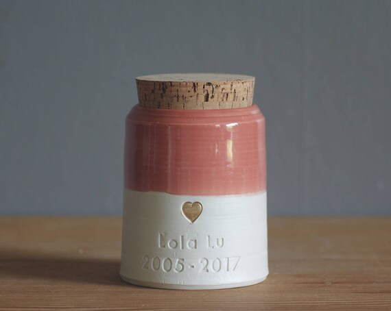 custom pet urn. small collar shape. human ashes urn /pet urn. coral pink/ porc shown with gold heart. modern pottery urn, custom name