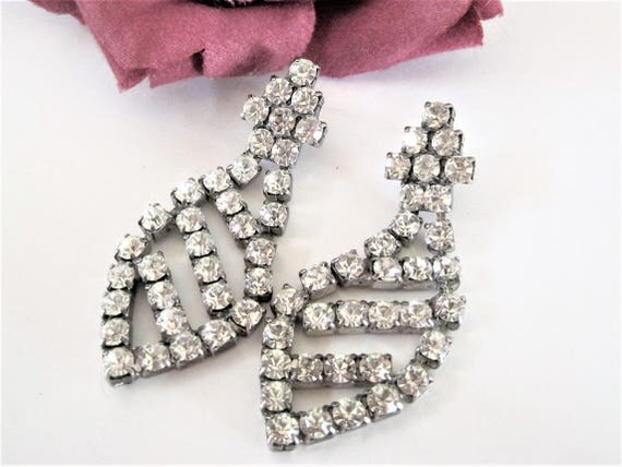 Rhinestone Earrings - Dangle Pierced - Clear Stones Long Dangles - Modernist Pierced