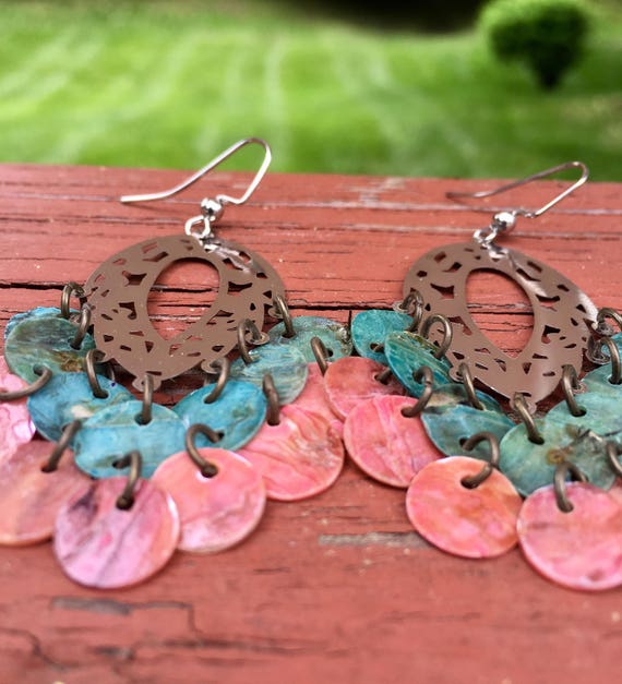 Blue & Pink "Simply Chandelier" Mussel Shell Earrings