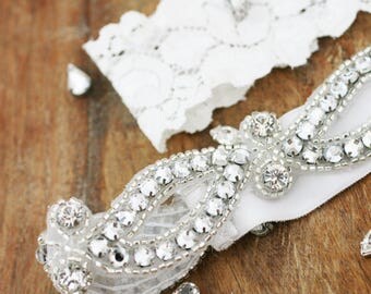 Crystal Garter Set, Rhinestone Garter, White Garter, Ivory Garter, Wedding Garter, Bridal Garter, Lace Garter, Toss Garter, Beaded Garter