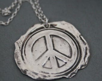 Peace Sign Necklace, Wax Seal Necklace, Peace Sign Pendant, Wax Seal Stamp Jewelry, Wax Seal Pendant, Sterling Silver Stamp Jewelry