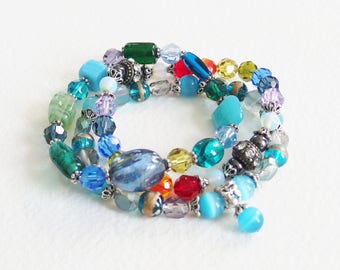 Trio Bracelets d'été - Lagon bleu, algues arc-en-ciel et eaux profondes - Perles de verre, métal argenté - Bijou créateur, pièce unique