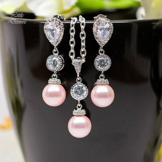 Pearl Jewelry Set Pink Earrings and Necklace Set Bridesmaid