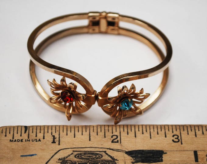 Flower Rhinestone bracelet - gold Hinge Clamper Bangle - Red Blue Crystal floral - Mid Century