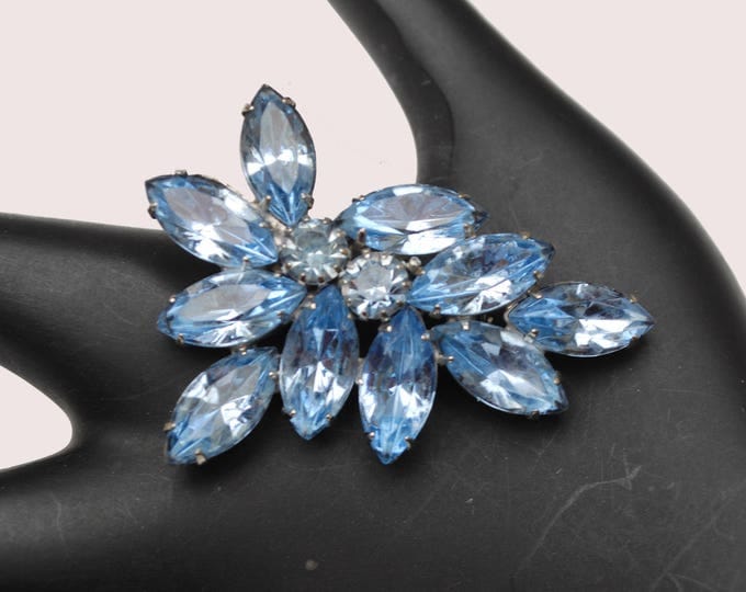 Light Blue Rhinestone Brooch - Flower Leaf floral pin - silver tone - mid century