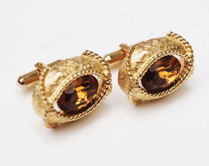 Topaz Glass Gold Cuff links - Facet cut crystal - Amber brown - Cufflinks