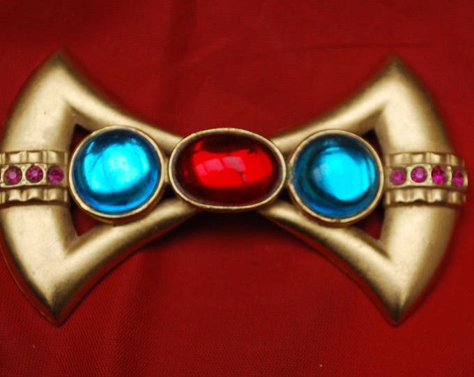 Bow Bar Brooch - Red blue cabochon - Rhinestone Art Deco Style pin