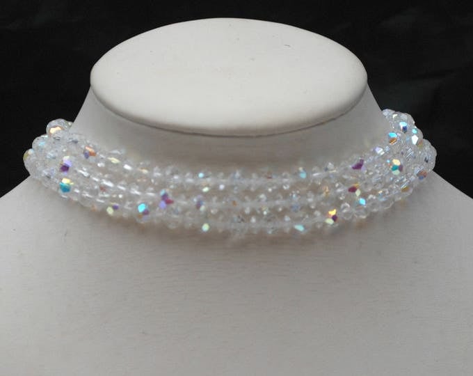 Crystal Bead Collar Necklace - Triple multi strand - facet cut crystal glass beads - 14 1/2 inches Aurora borealis Wedding Bride