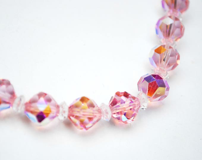 Pink Crystal Bead Necklace - Signed Laguna - Aurora borealis - Facet glass beads - Mid century