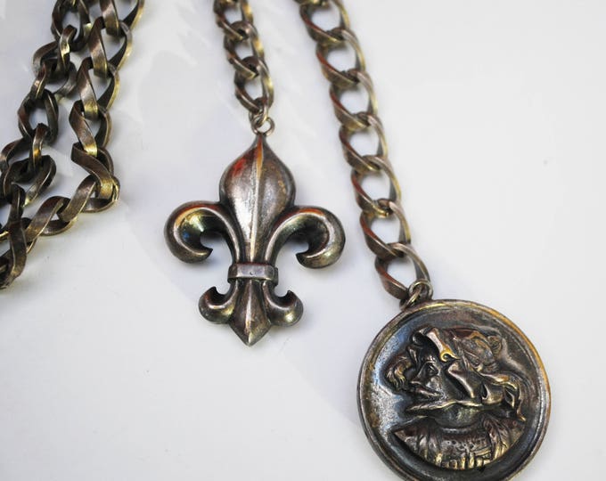 Joseff of Hollywood Double Brooch - Chatelaine pin - Heraldic Fleur de lis Crown Tassel - Grey silver repousse metal Chain - deul pin