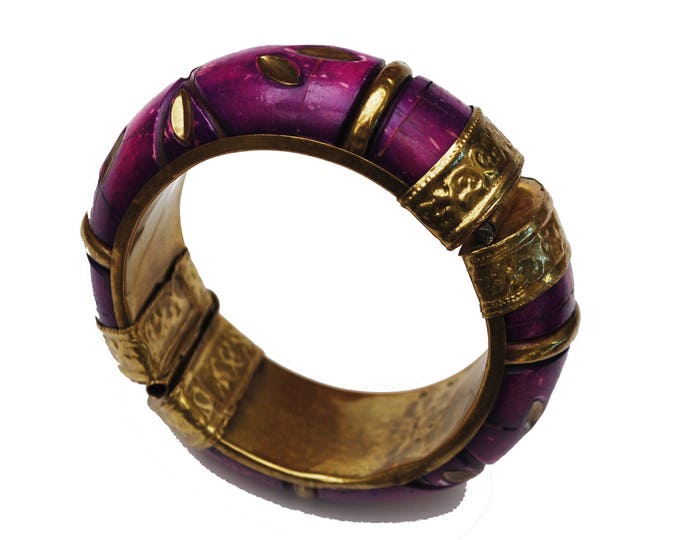 Purple Bone Brass Hinge bracelet - gold floral design - Boho chunky India bangle